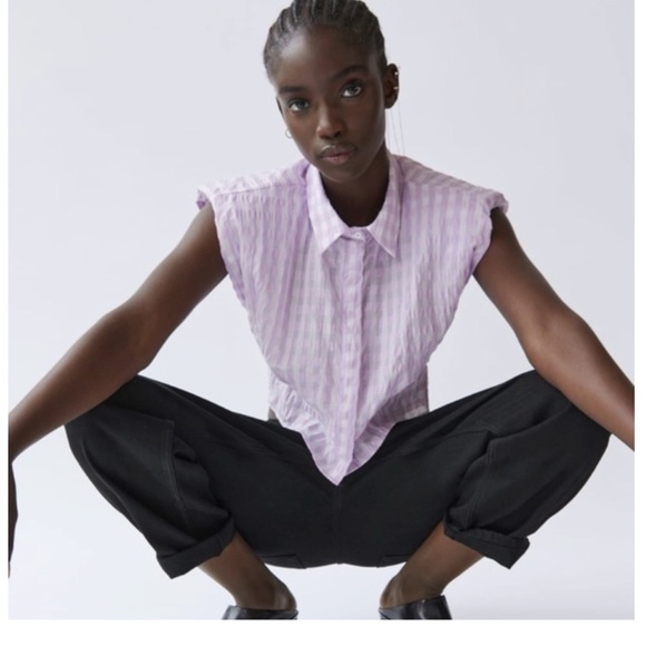 NWOT Zara Shoulder Pad Cropped Gingham Button Down Top - Picture 2 of 9